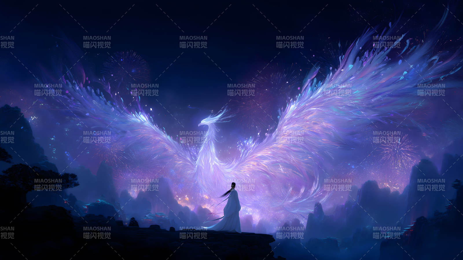 鳳凰展翅夜空煙花唯美仙境-圖片