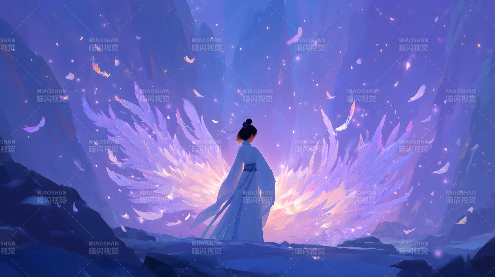 女子佇立羽翼之下唯美夢幻場景-圖片