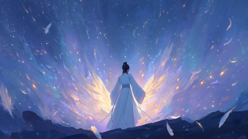 女孩仰望星空羽翼展開-圖片