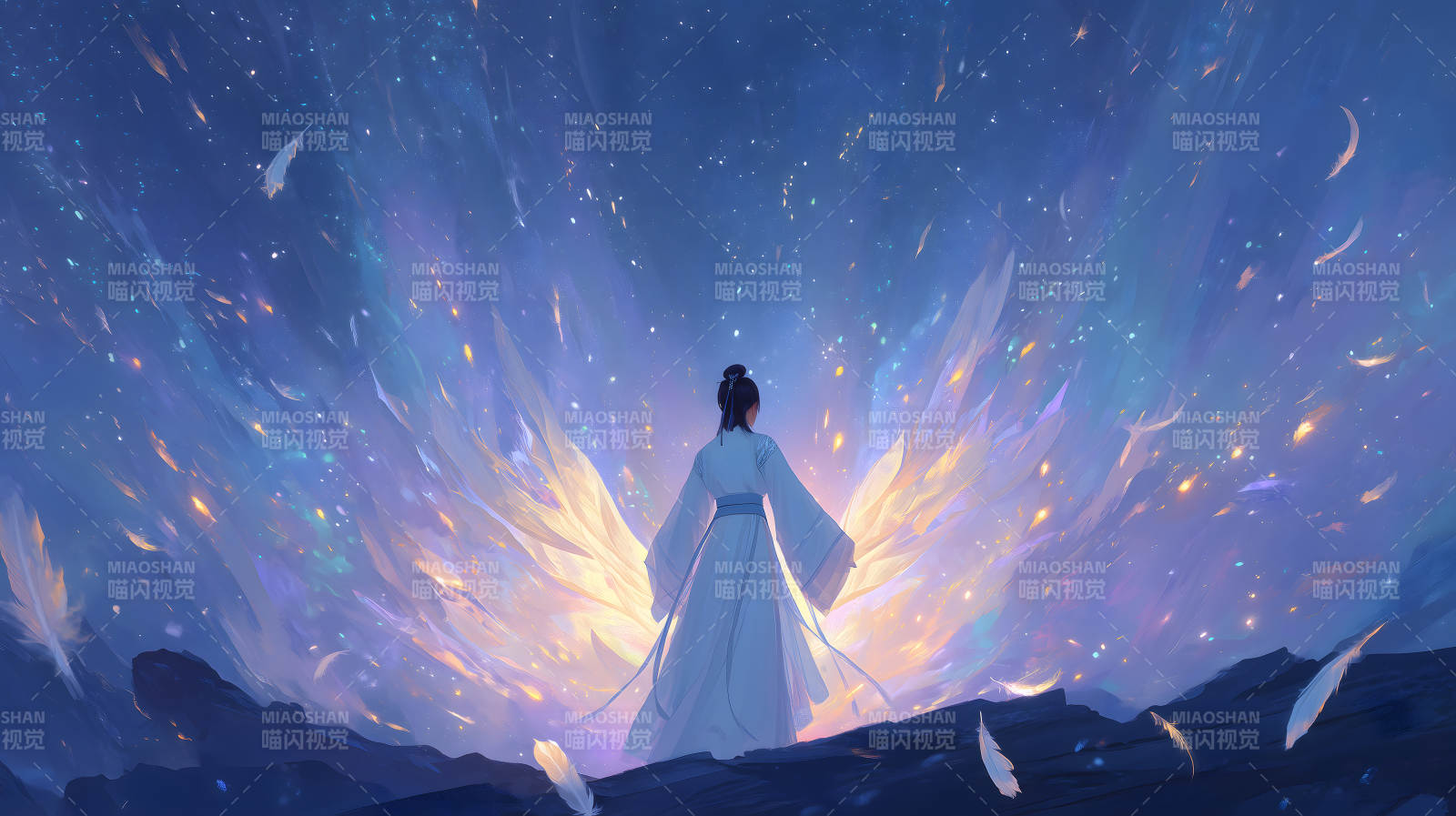 女孩仰望星空羽翼展開-圖片