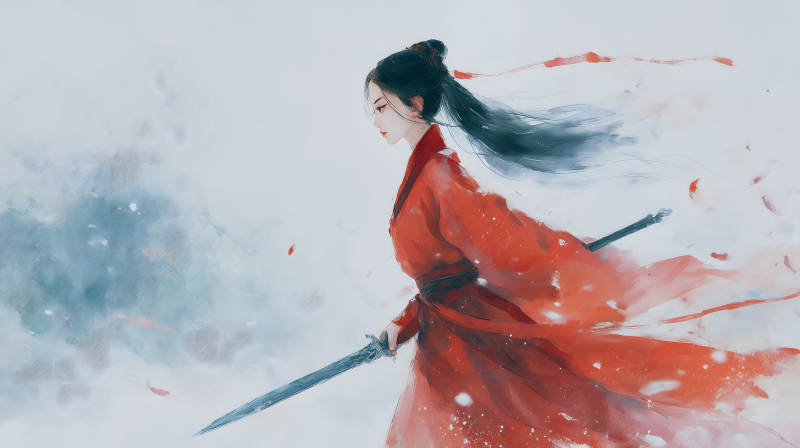 紅衣女子手持劍行于風雪中-圖片
