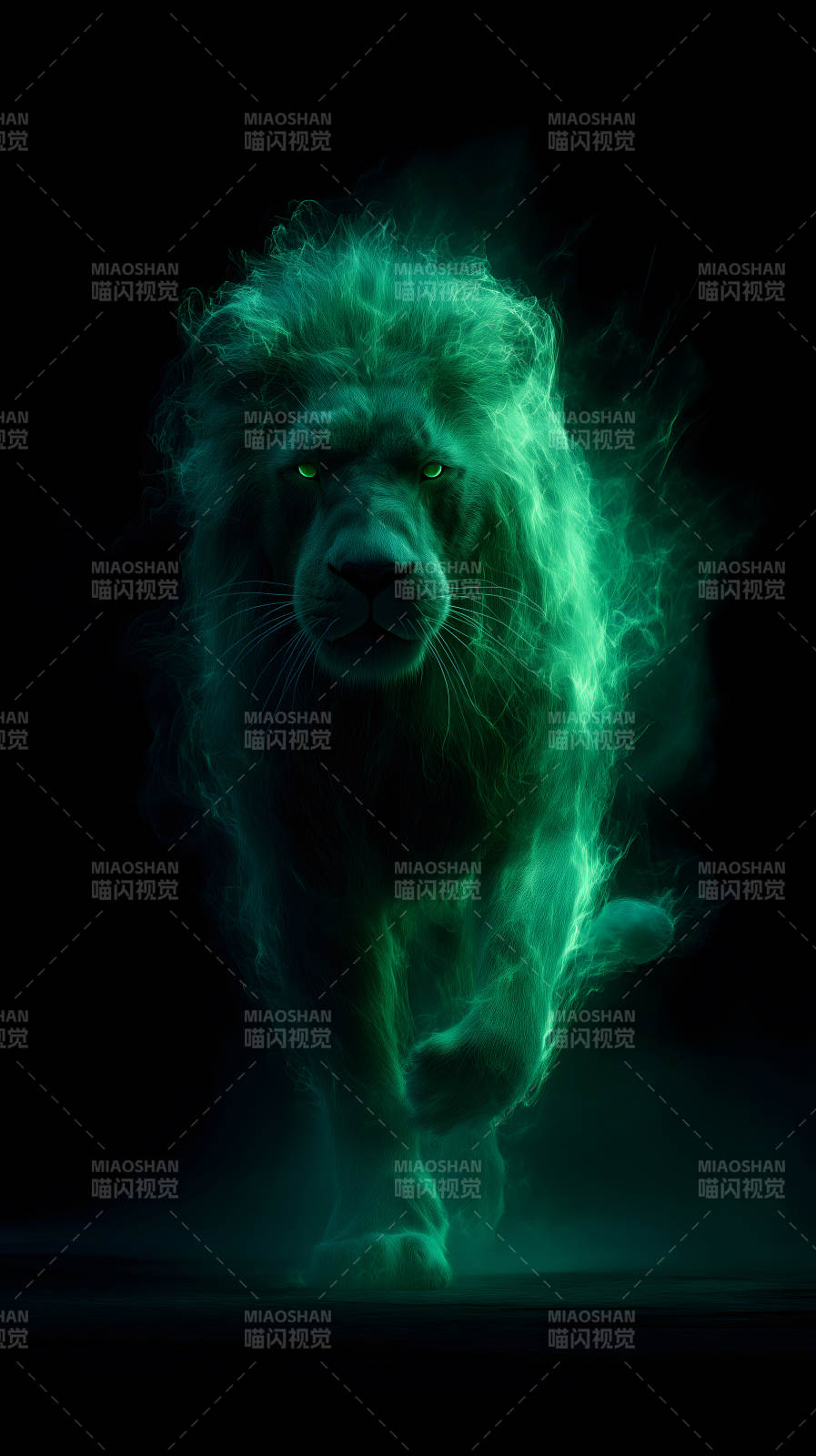 綠焰雄獅黑暗中威武奔騰-圖片