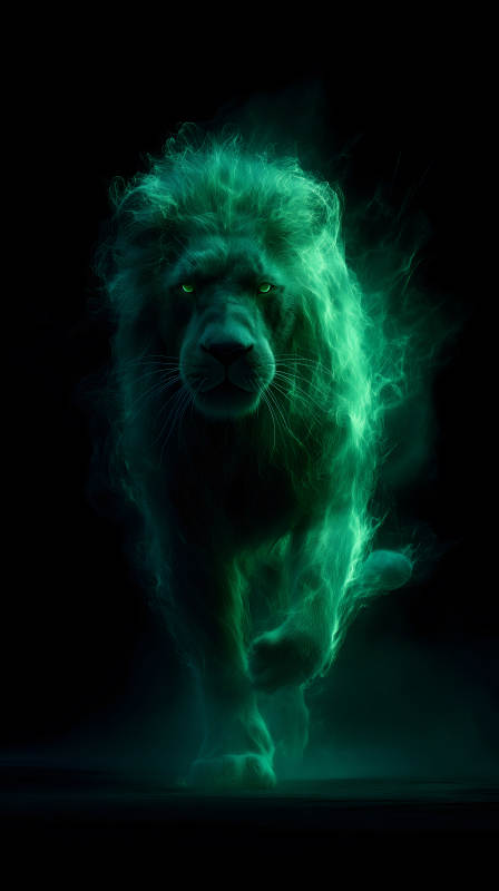 绿焰雄狮黑暗中威武奔腾-图片
