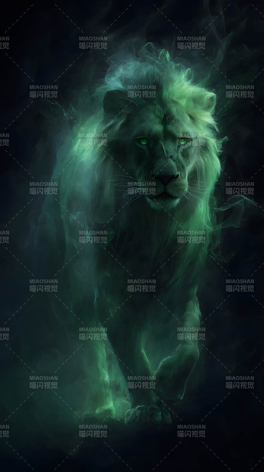 绿色幽灵狮子在黑暗中行走-图片