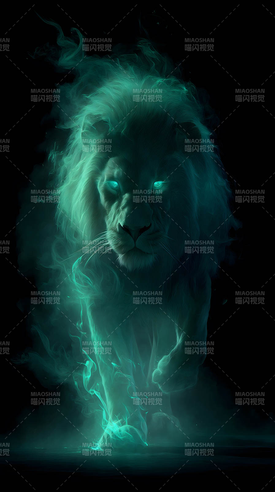 幽灵狮子在黑暗中散发光芒-图片