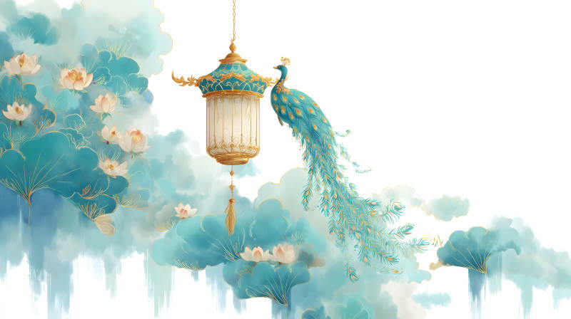 東方韻味孔雀與燈籠水墨畫-圖片