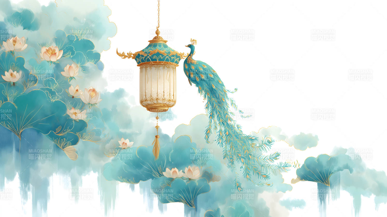 東方韻味孔雀與燈籠水墨畫圖片