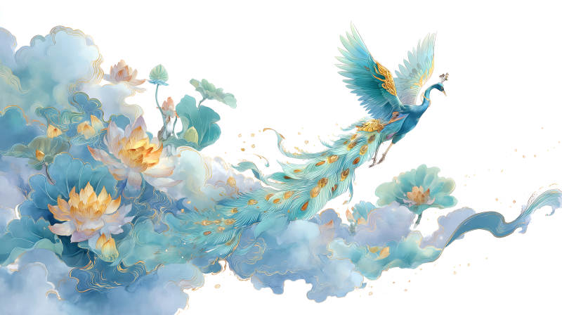 夢幻孔雀與蓮花飄逸圖-圖片