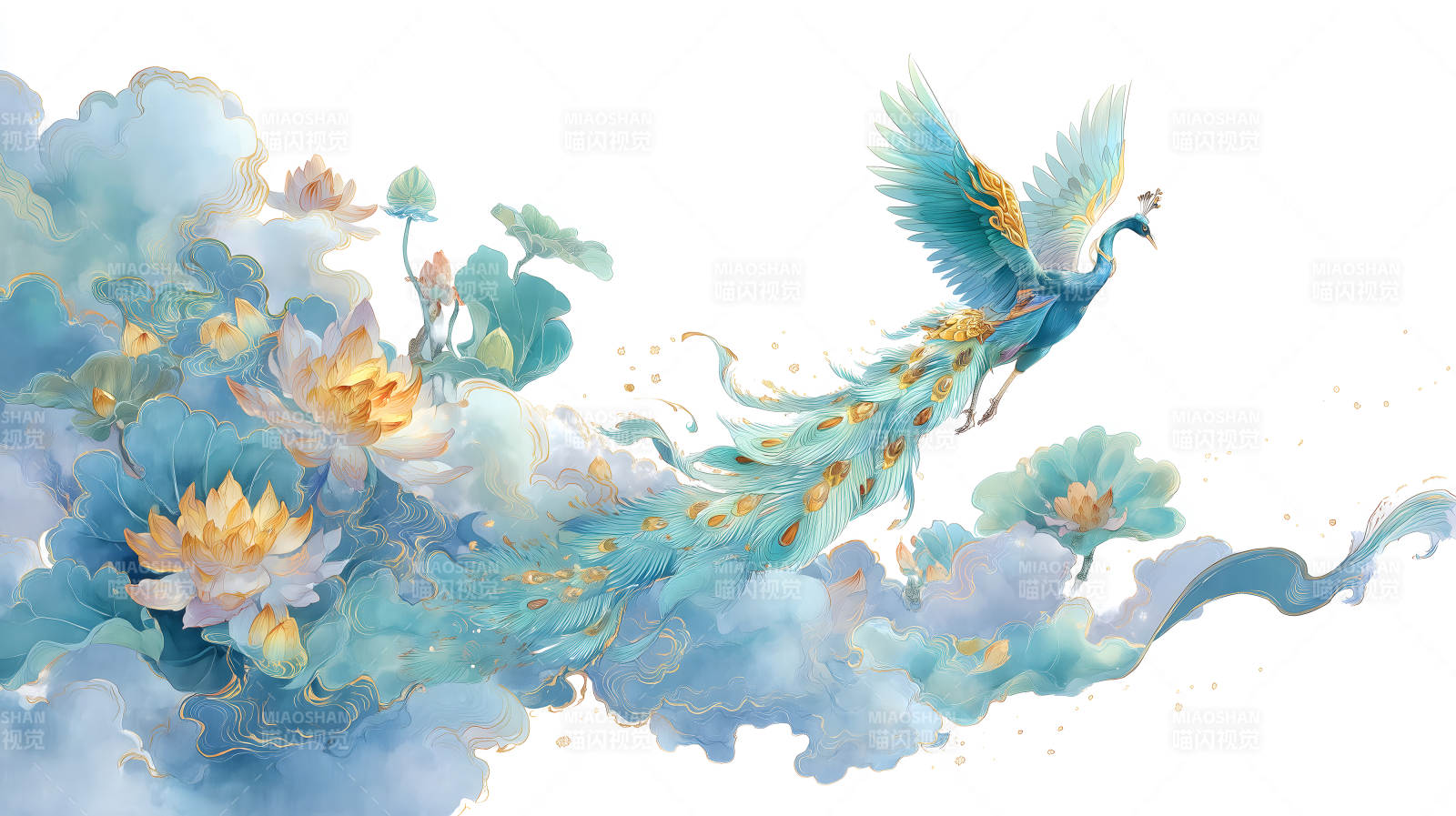 梦幻孔雀与莲花飘逸图-图片