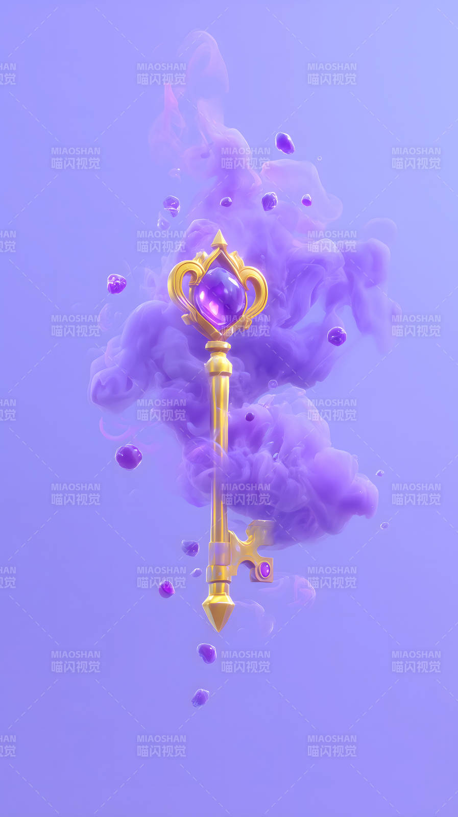 金钥匙悬浮于紫色烟雾中-图片