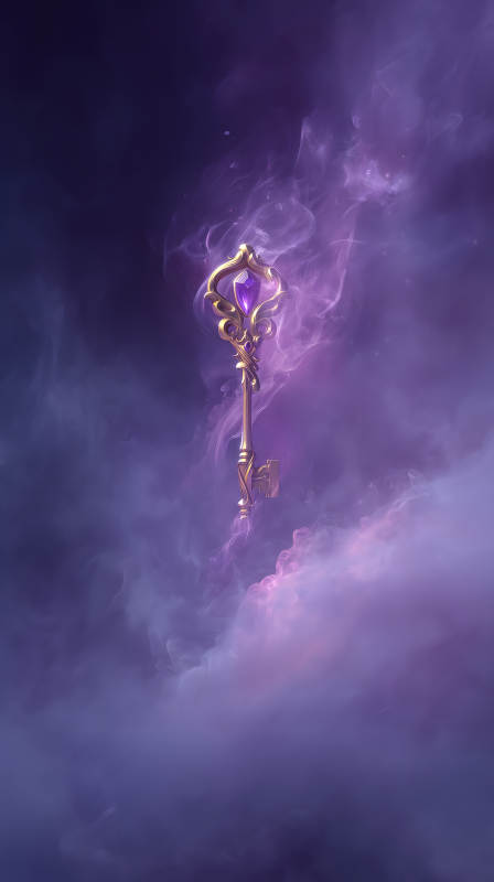 金色钥匙镶嵌紫色宝石于紫色云雾中-图片