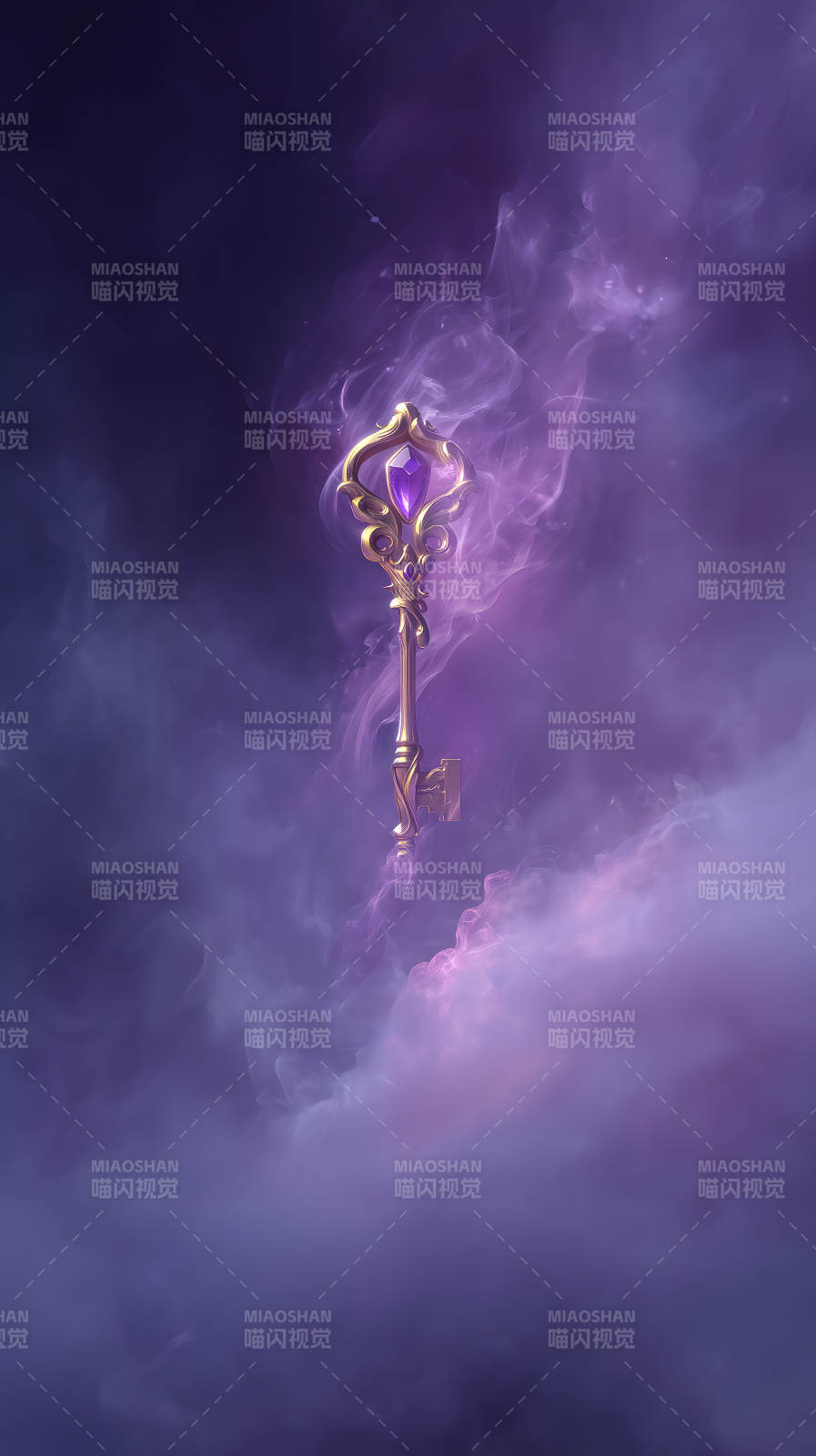金色鑰匙鑲嵌紫色寶石于紫色云霧中圖片