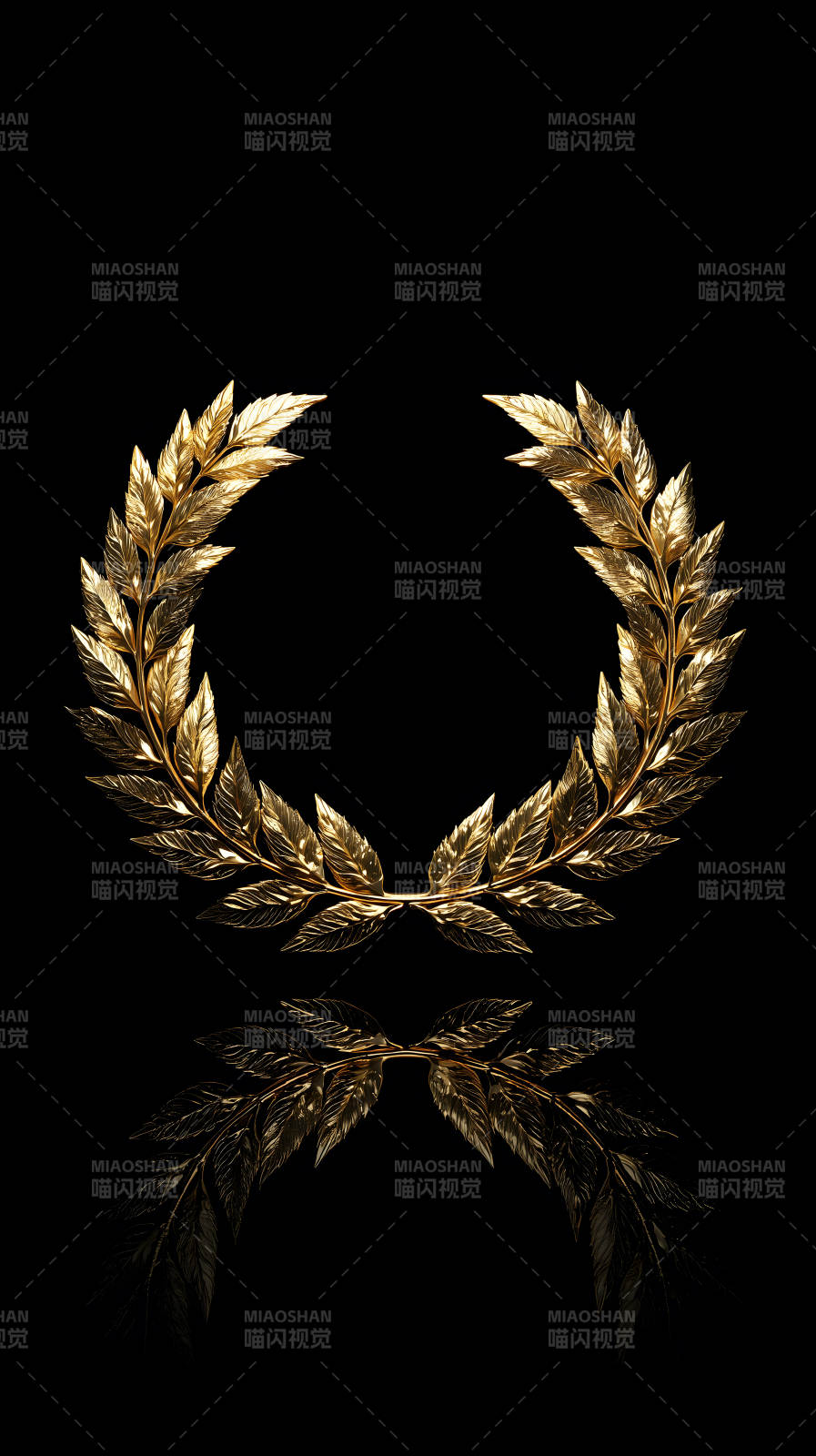 金色桂冠在黑色背景下的倒影-图片