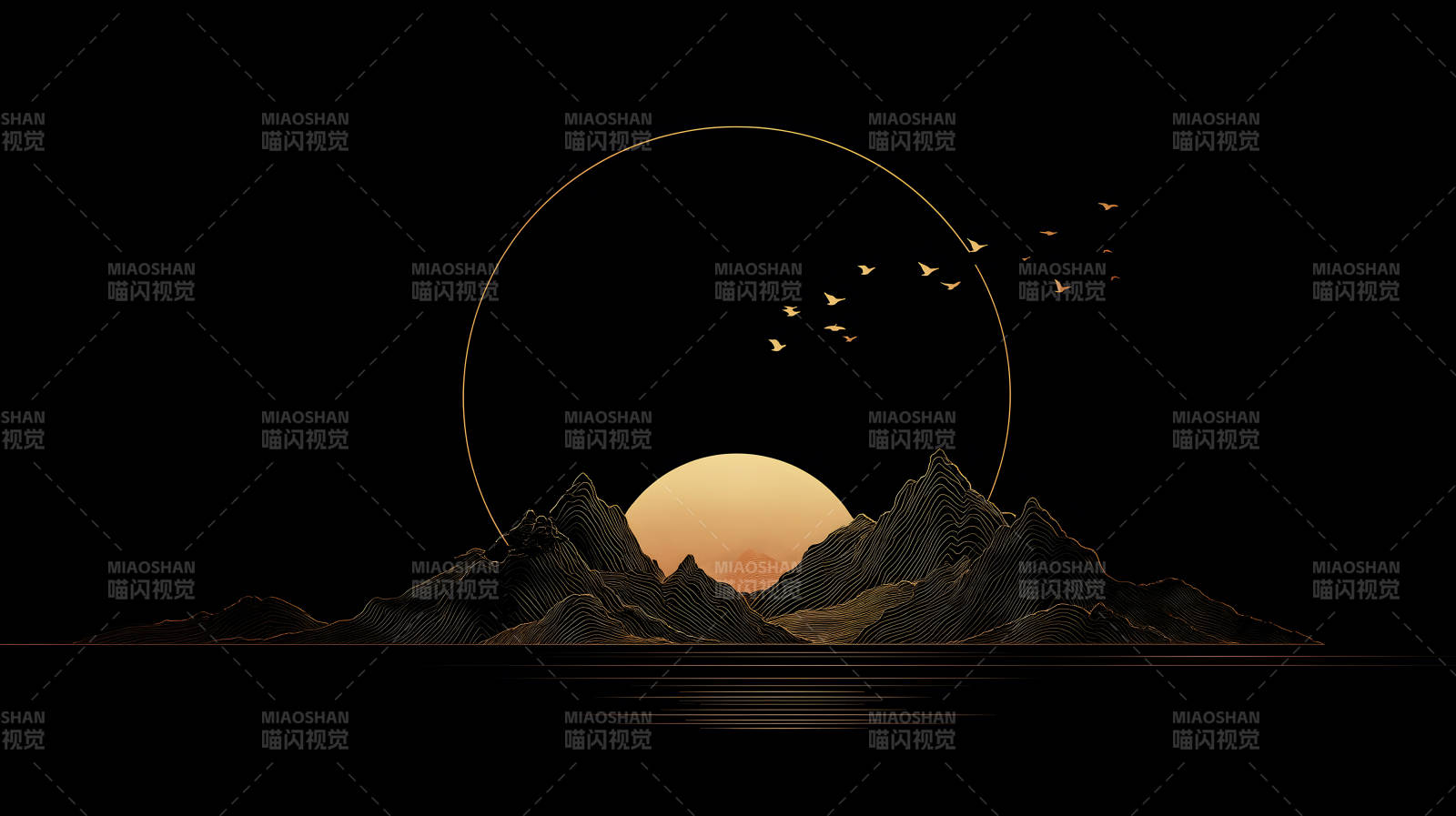 金色山水畫飛鳥剪影-圖片