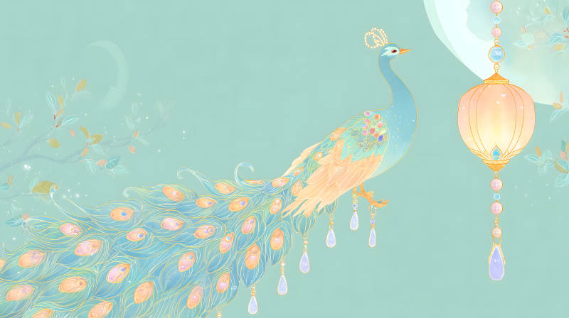 夢幻孔雀與燈籠唯美插畫-圖片