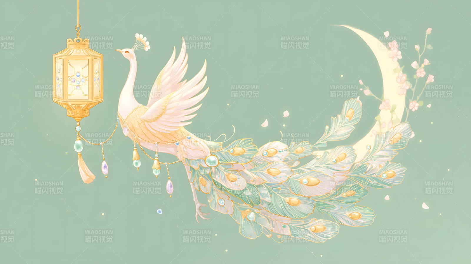 夢幻孔雀與燈籠和月亮-圖片