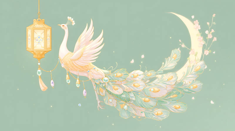 夢幻孔雀與燈籠和月亮-圖片