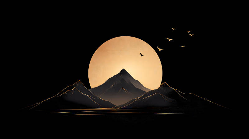 夕阳山脉飞鸟剪影意境图-图片