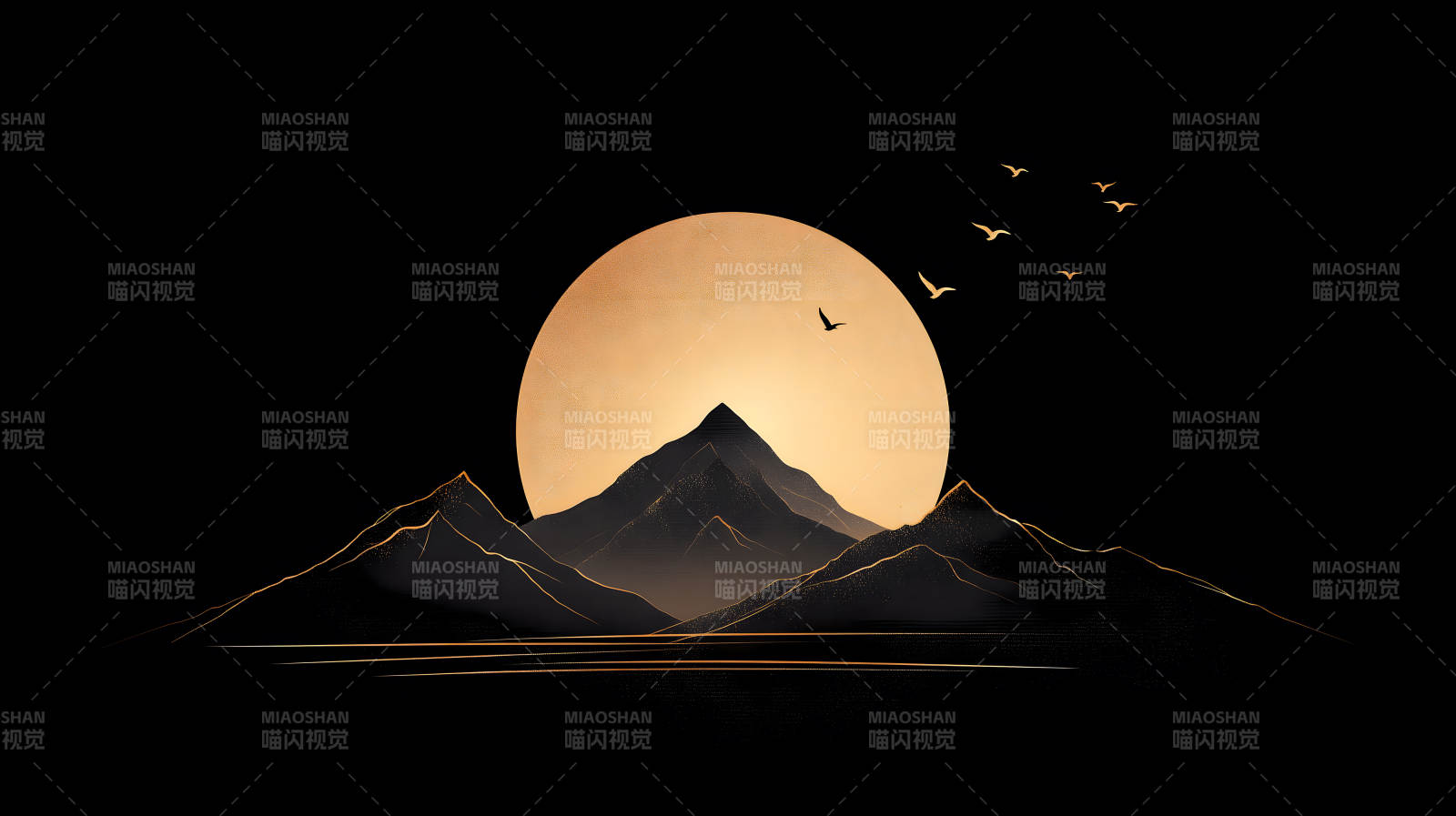 夕阳山脉飞鸟剪影意境图-图片