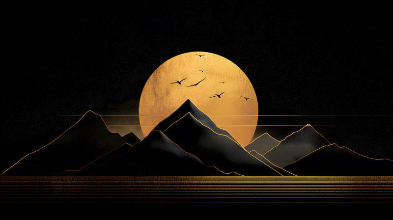 金色月亮下的黑山剪影-图片