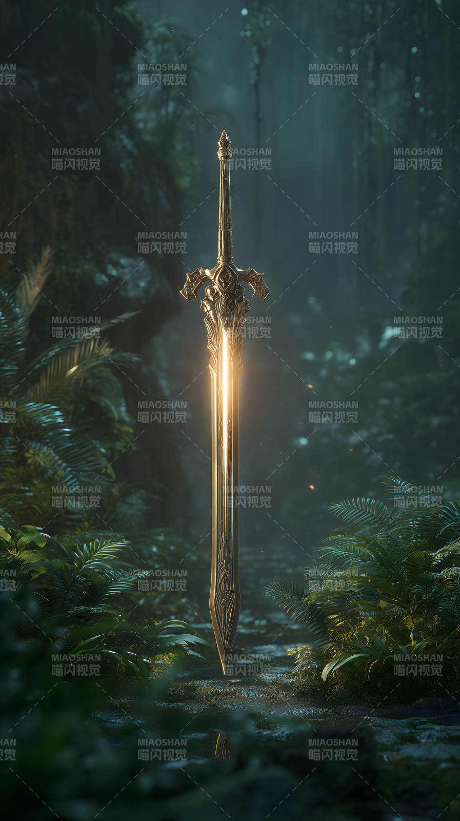 叢林中發光的黃金劍圖片