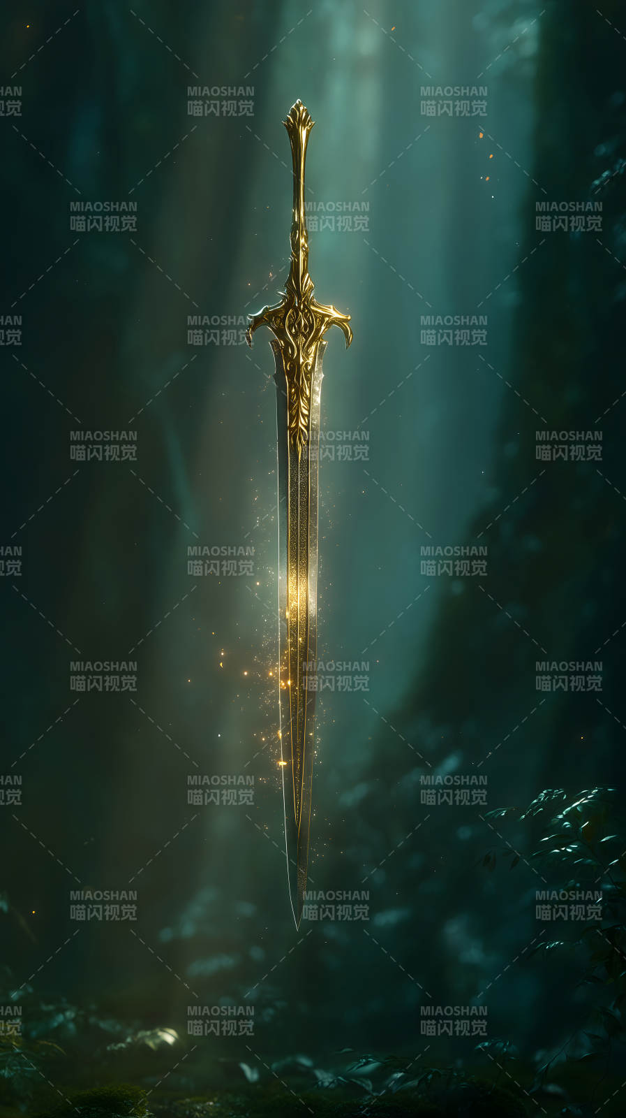 金色長(zhǎng)劍懸浮于幽暗森林之中-圖片