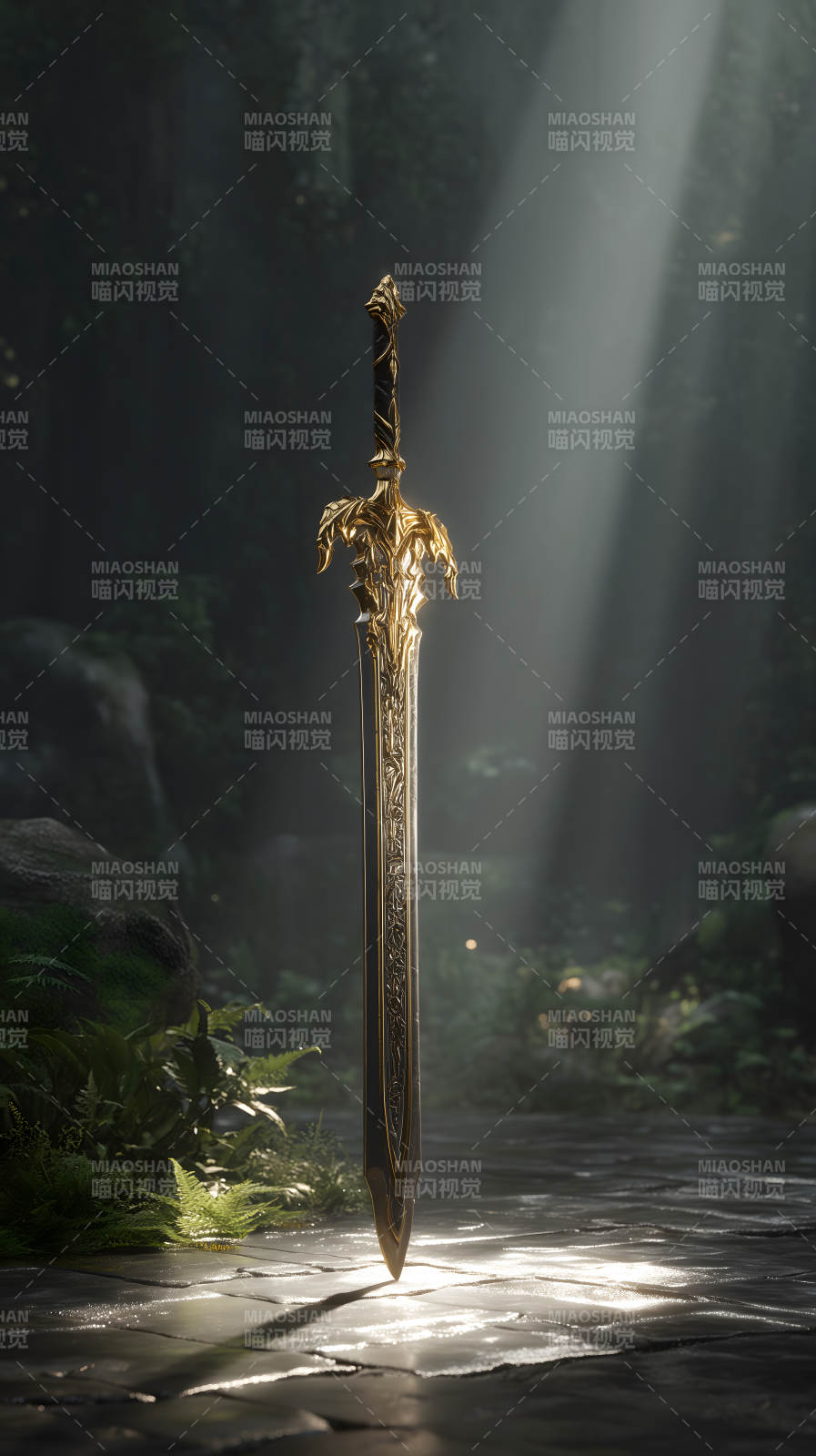 金色寶劍佇立于森林之中圖片