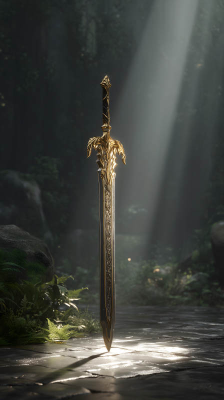 金色寶劍佇立于森林之中-圖片