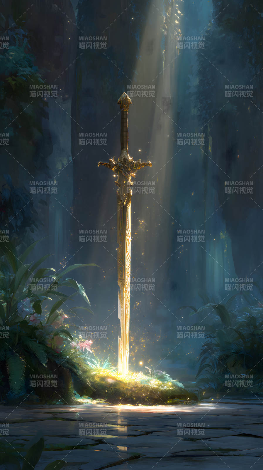 金色宝剑伫立森林之中-图片