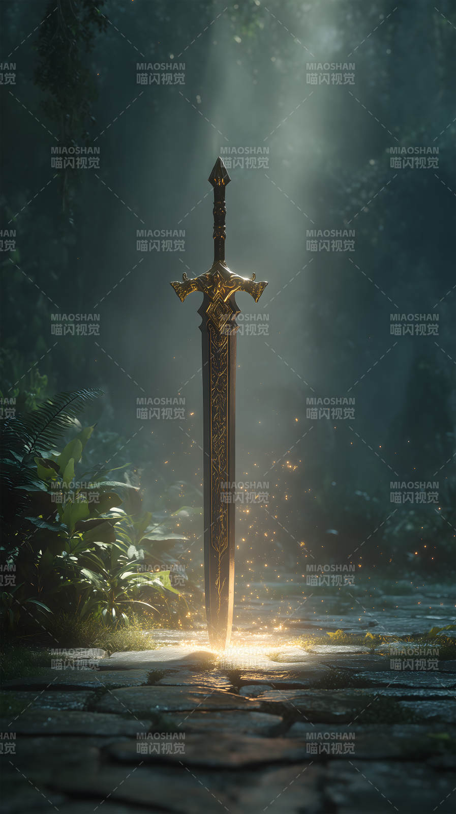 神圣之劍佇立于幽暗森林之中-圖片
