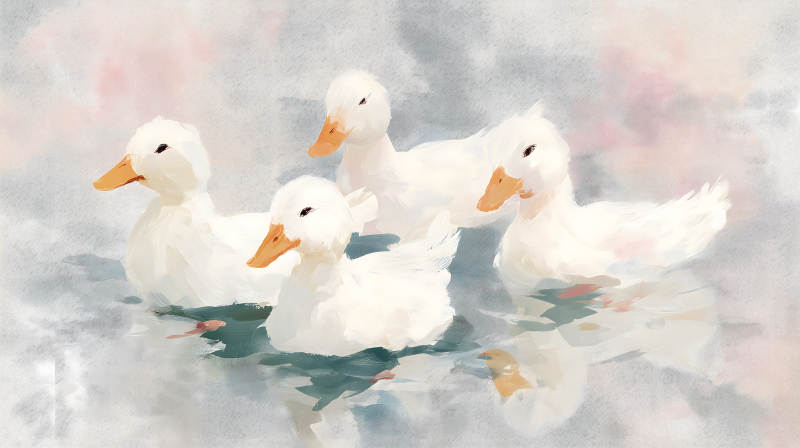 四只可愛的小白鴨在水面游玩-圖片