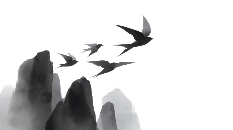 水墨意境鸟儿飞翔图-图片