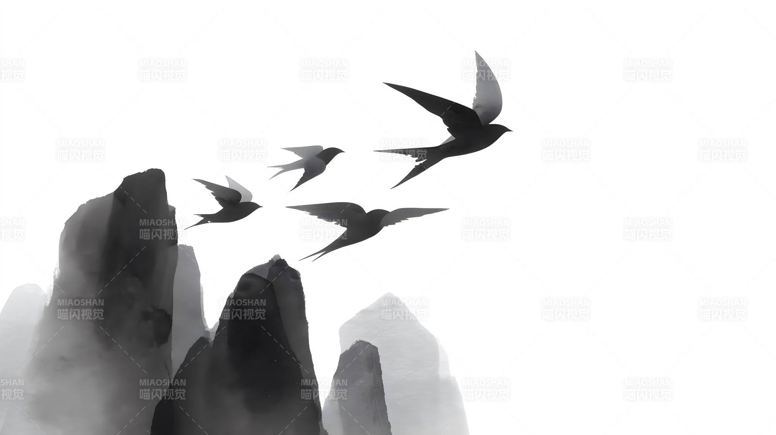 水墨意境鸟儿飞翔图-图片