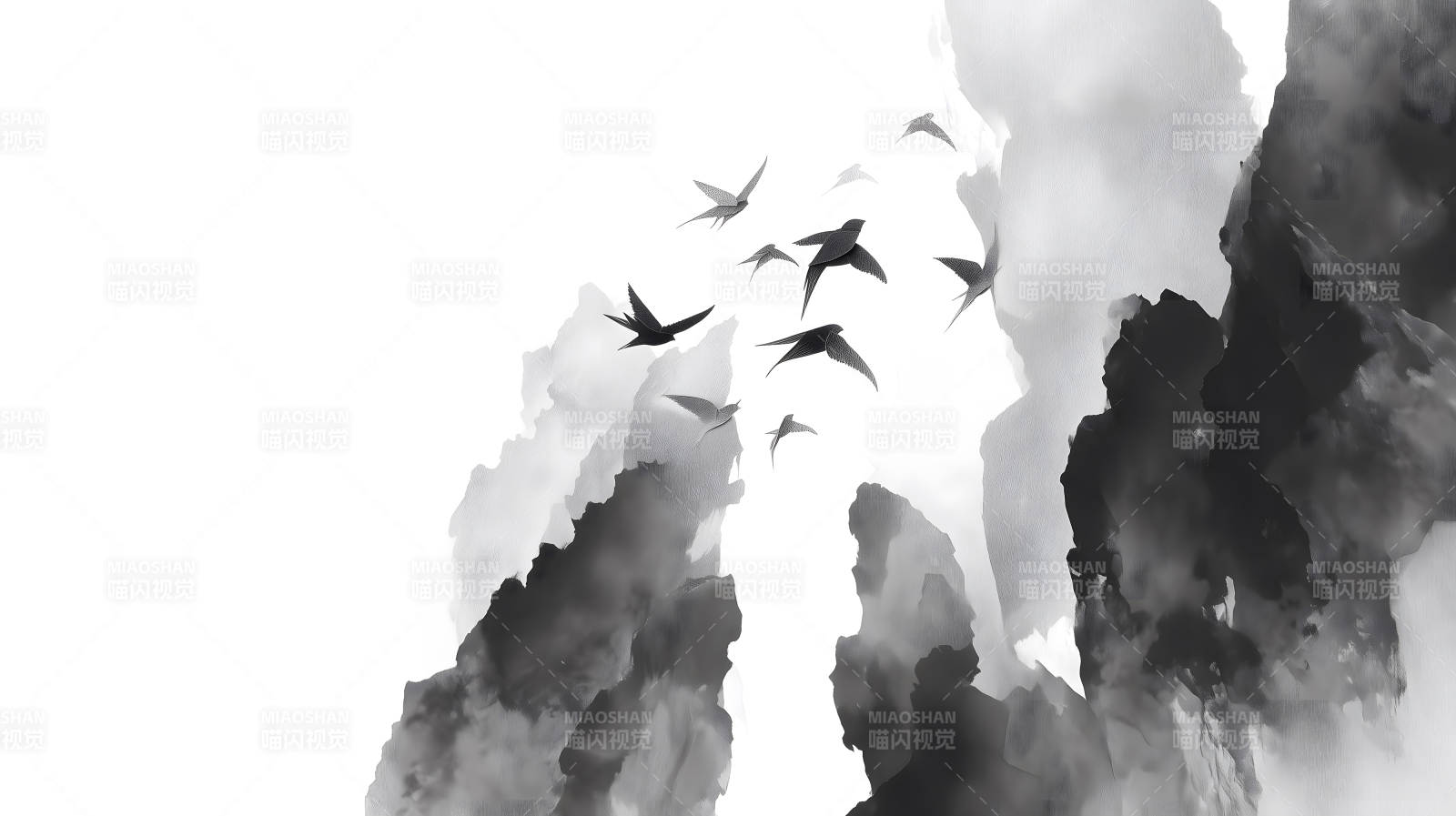 水墨山水画飞鸟图-图片