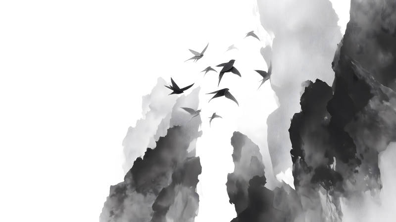 水墨山水画飞鸟图-图片