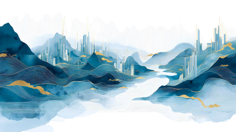 水墨山水城市風光畫-圖片