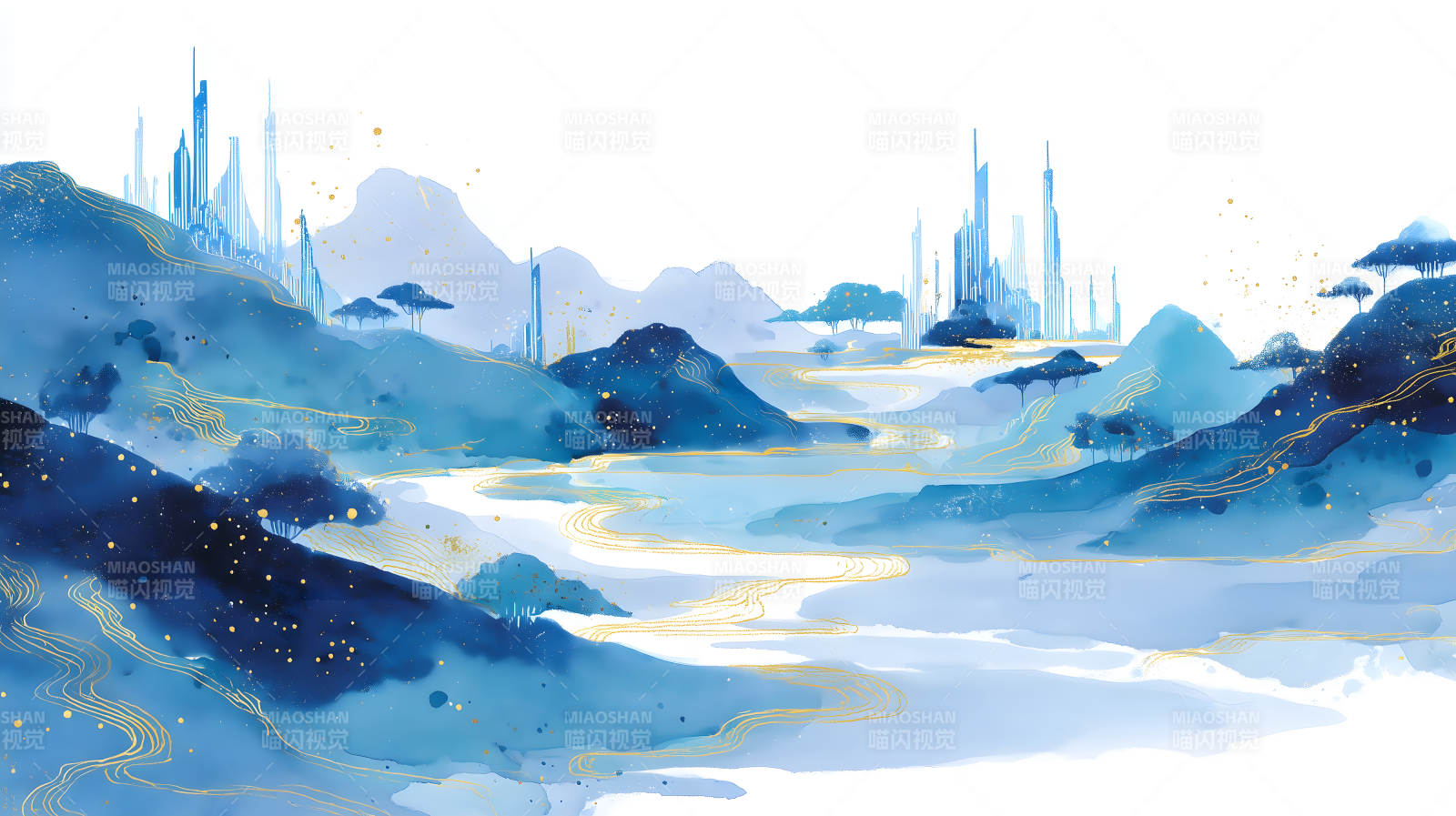 水墨山水画描绘远山近景-图片