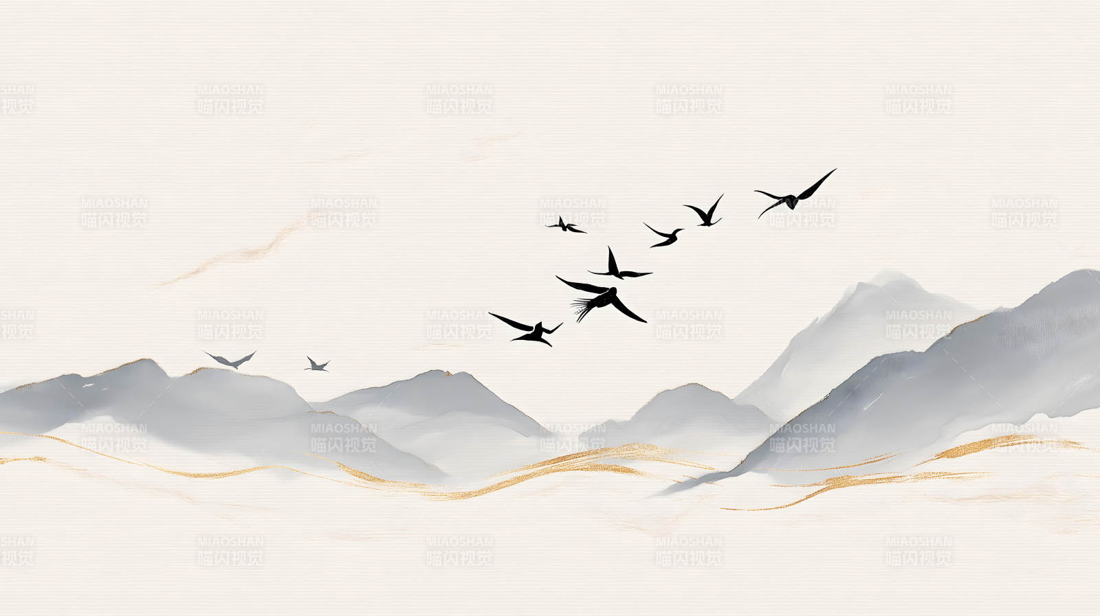 水墨山水画鸟-图片