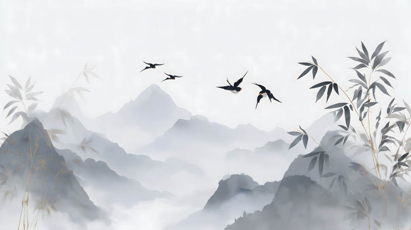 水墨山水畫(huà)卷燕子飛舞竹影婆娑-圖片
