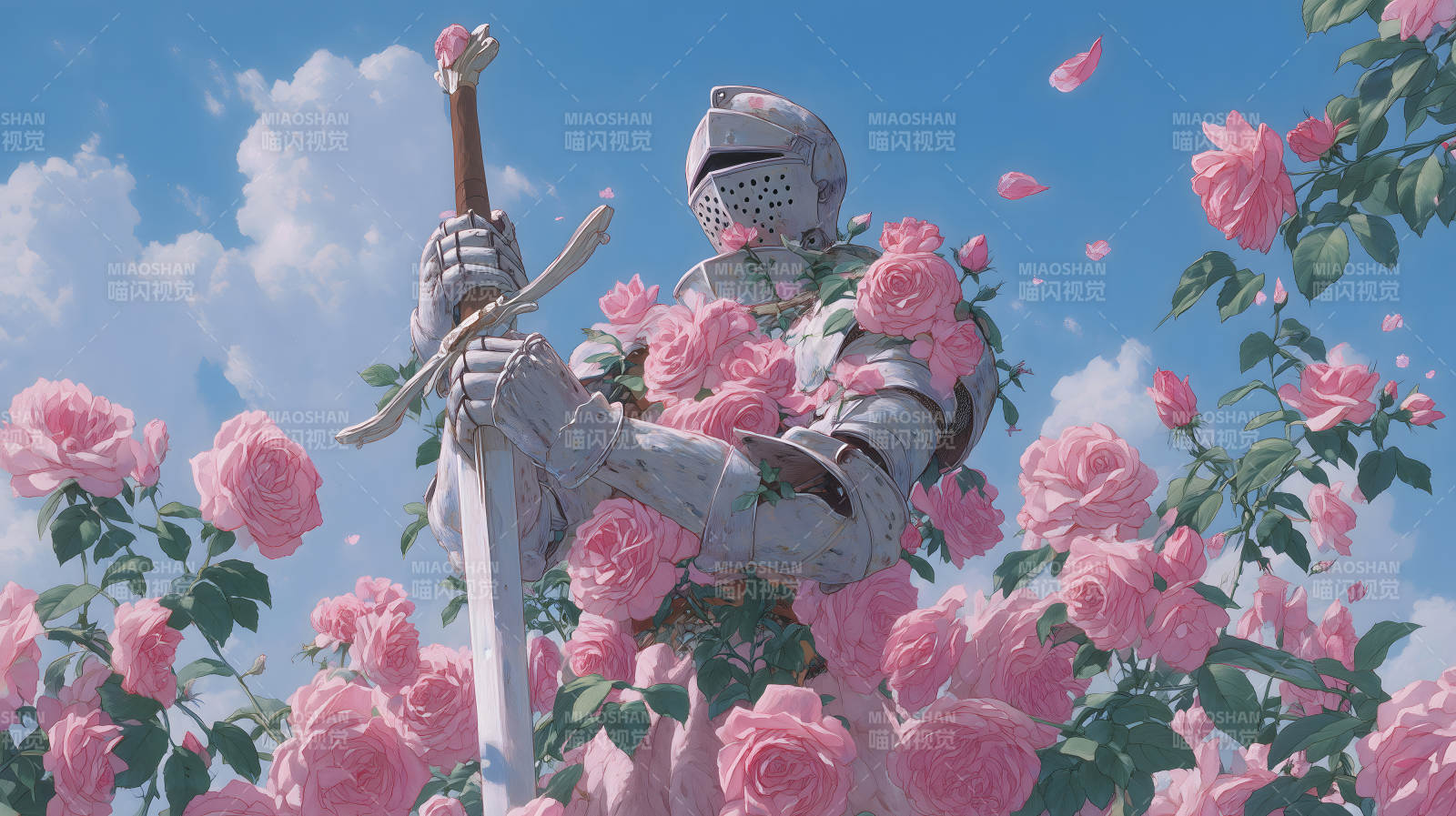 騎士與玫瑰花主題藝術風格插畫圖片