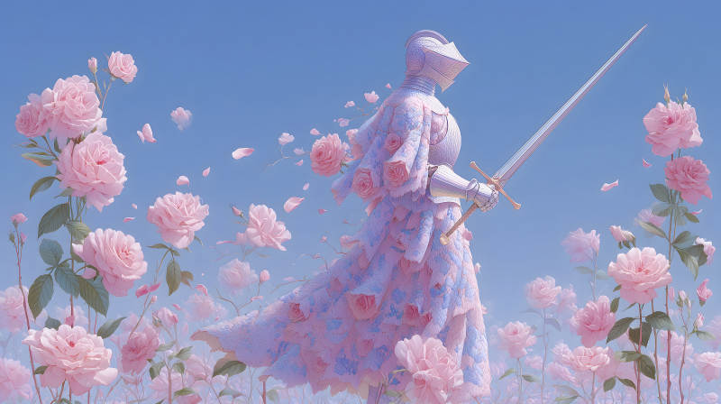 玫瑰騎士手持寶劍徜徉于花海-圖片
