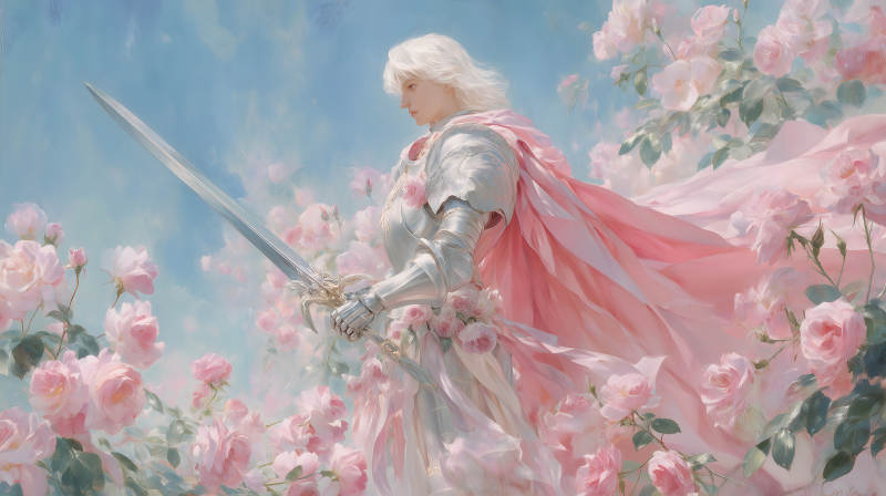 一位手持劍的騎士徜徉在玫瑰花海中-圖片