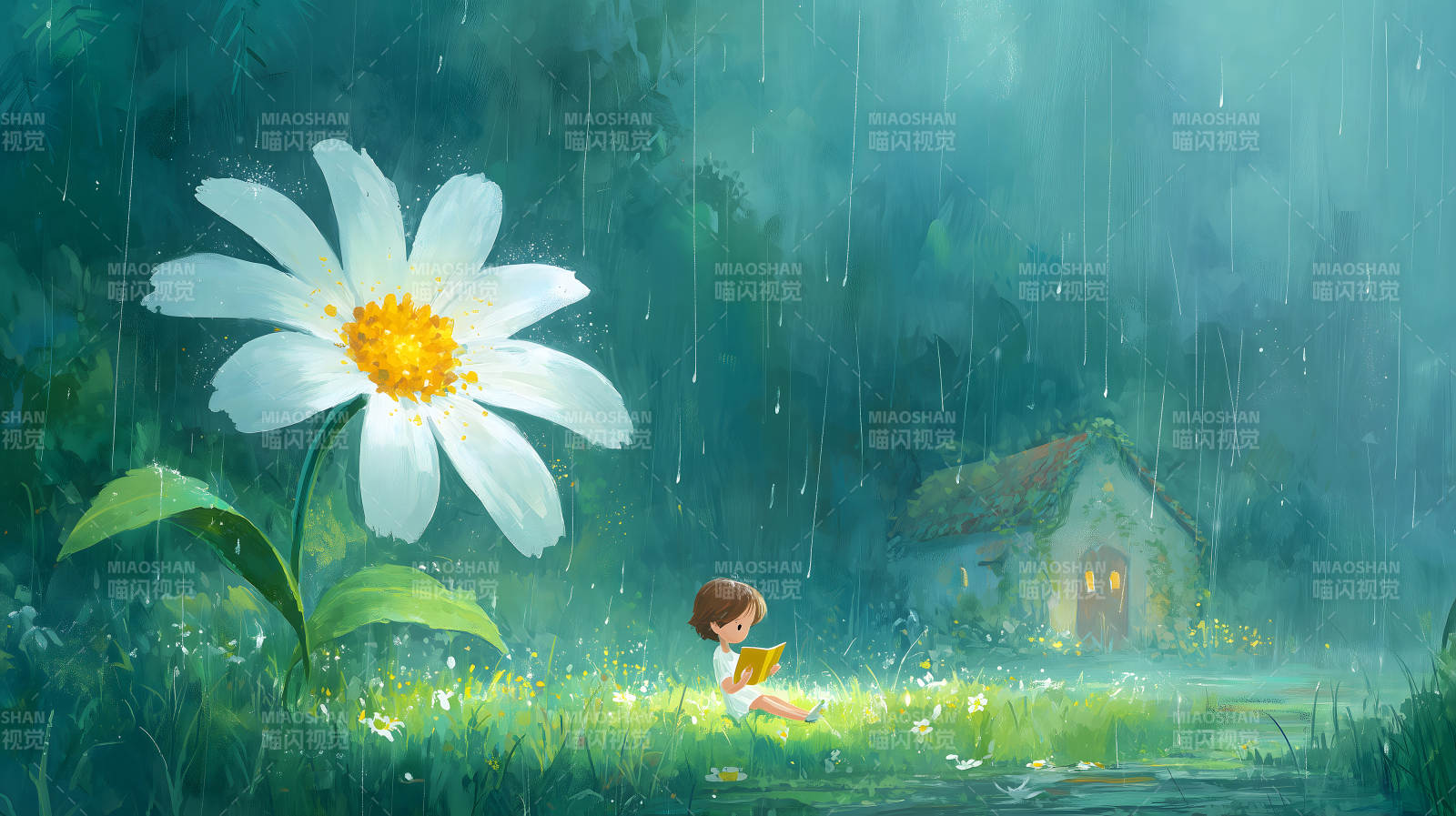 雨中閱讀的小女孩與童話小屋-圖片