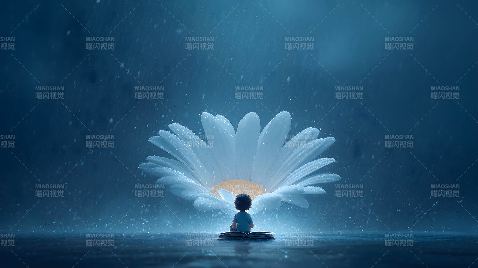 雨中童书与巨型雏菊的奇幻景象-图片