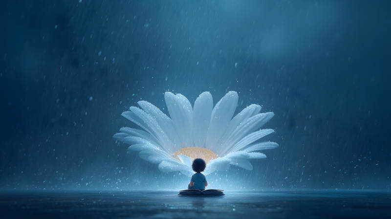 雨中童書(shū)與巨型雛菊的奇幻景象-圖片