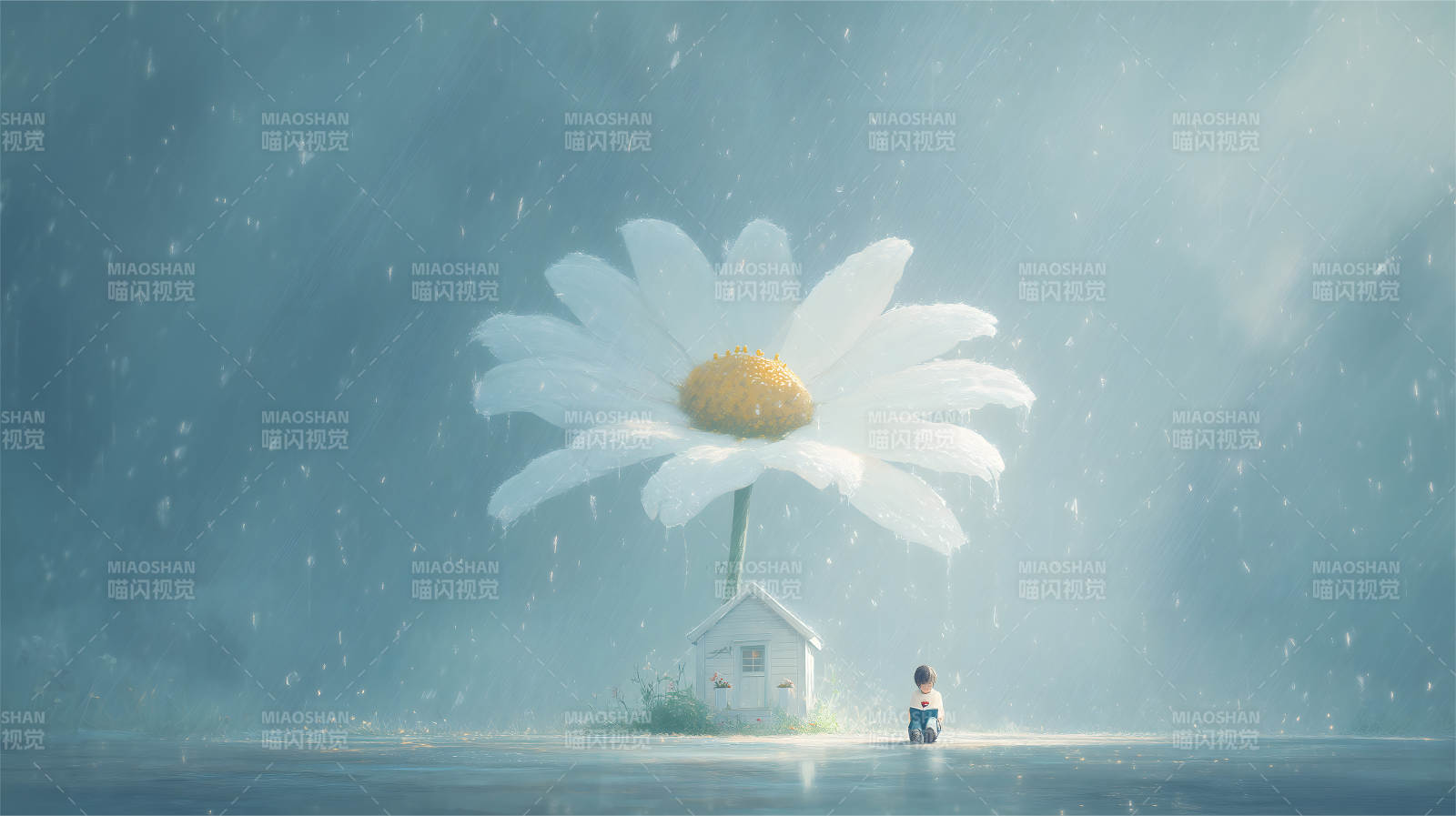 雨中雛菊庇護小人孤獨看書圖片