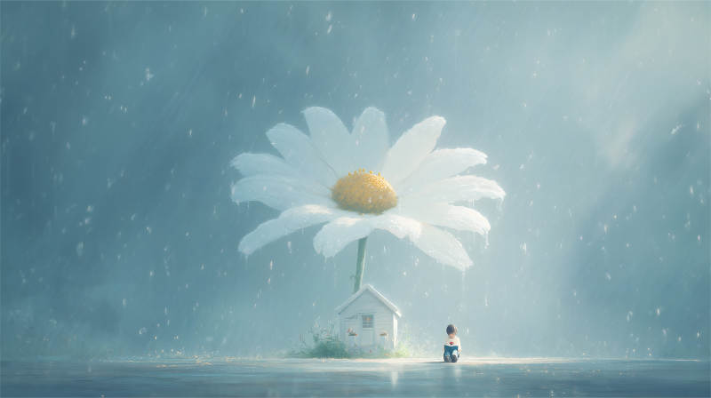 雨中雏菊庇护小人孤独看书-图片