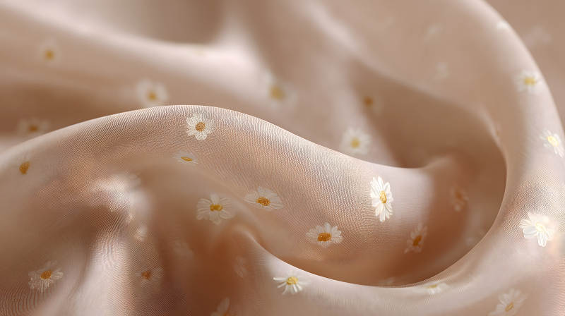 米色底绣有雏菊的丝绸面料-图片