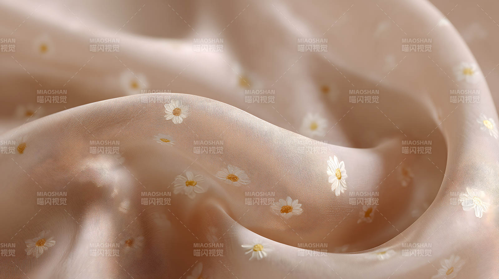 米色底繡有雛菊的絲綢面料圖片