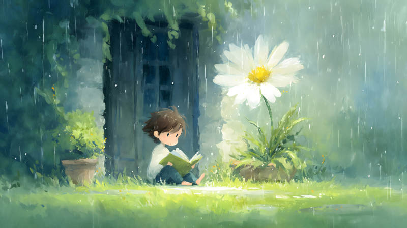 雨中讀書的可愛小孩與巨型雛菊-圖片
